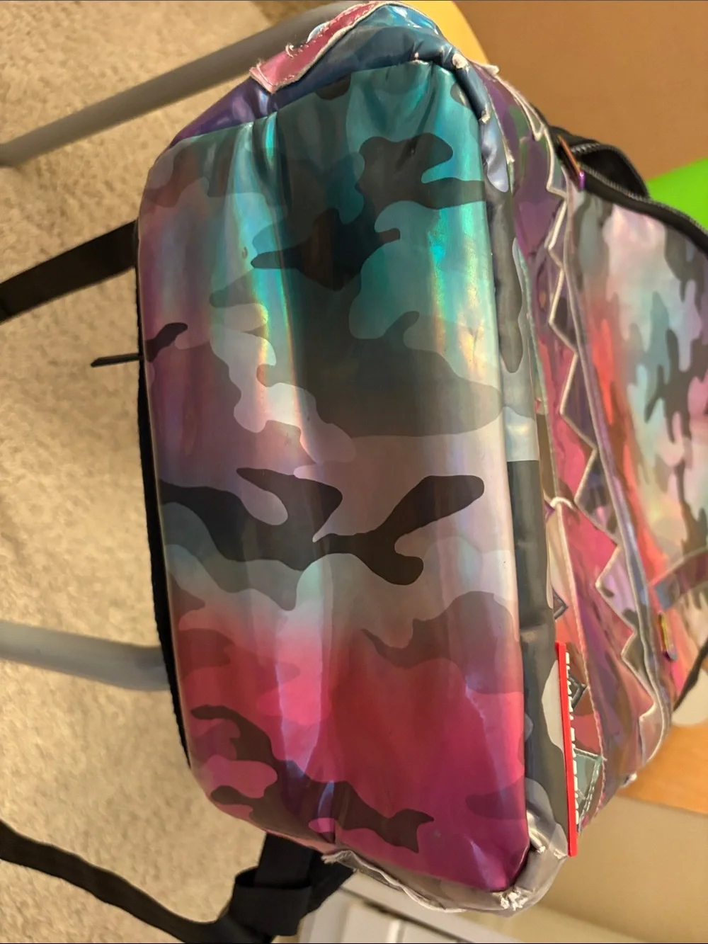 Sprayground Holographic Teal Purple Pink Camo Shark Backpack.